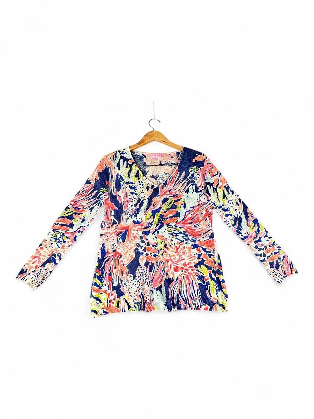 Lilly Pulitzer 100% Linen V-Neck Long Sleeve Top XS - Coral Navy Floral